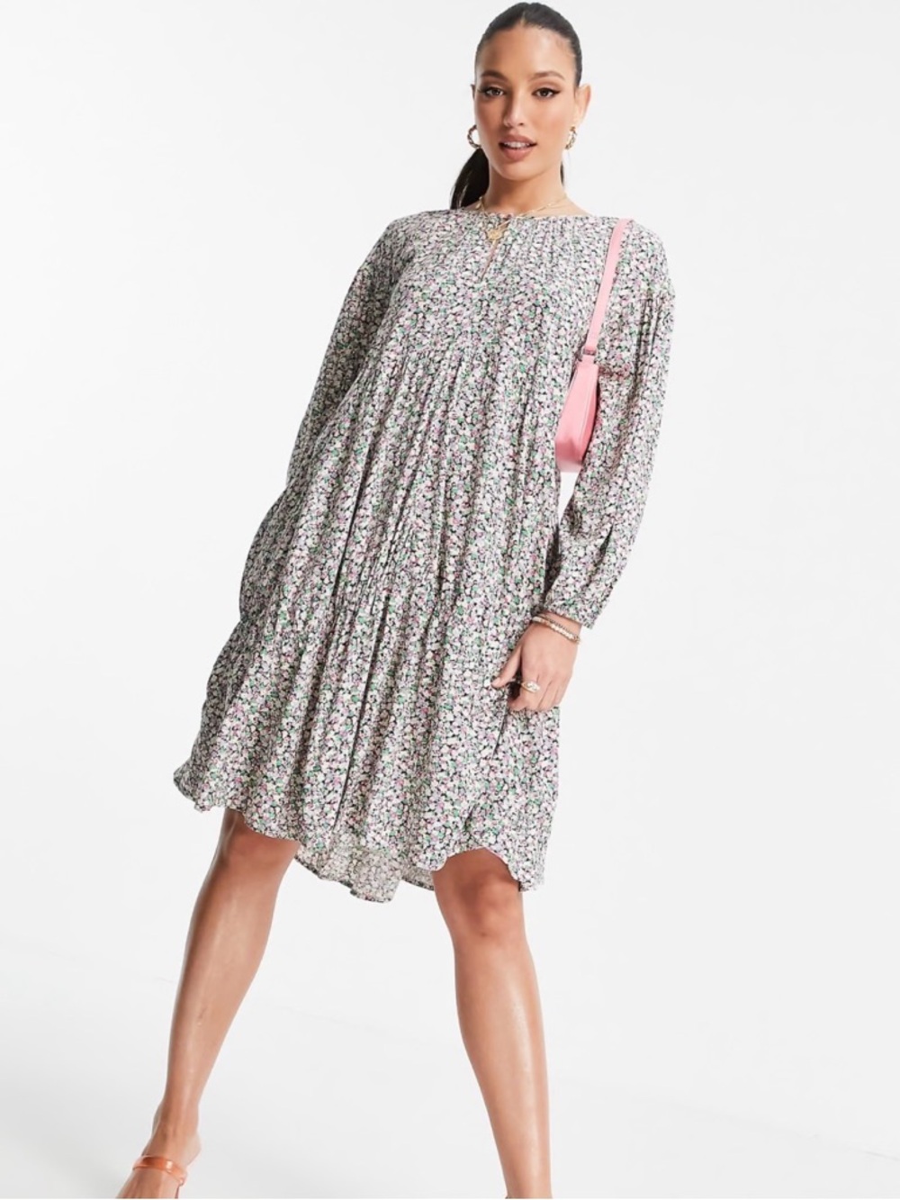 Only Floral flowy Long-Sleeve Dress in Pink and Green